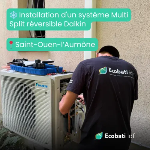 Climatisation à Saint-Ouen-l'Aumône : technicien Ecobati IDF au raccordement du groupe extérieur
